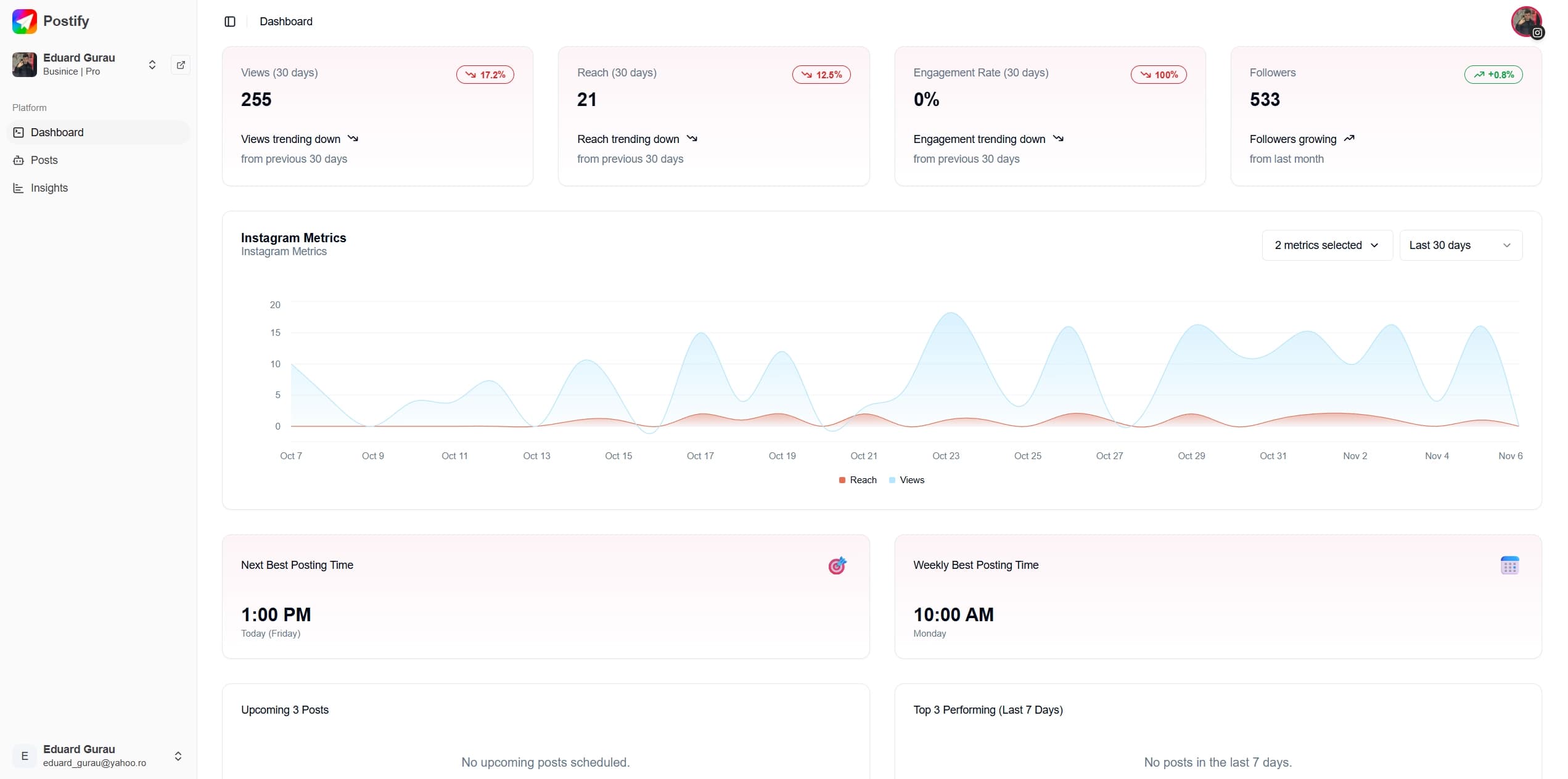 Postify dashboard showing a content calendar with posts scheduled across multiple social media profiles